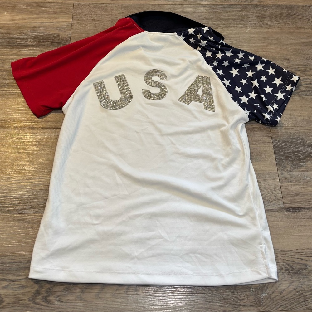 USA MADE patriotic USA BLING athletic collared shirt red white blue Sz small EUC